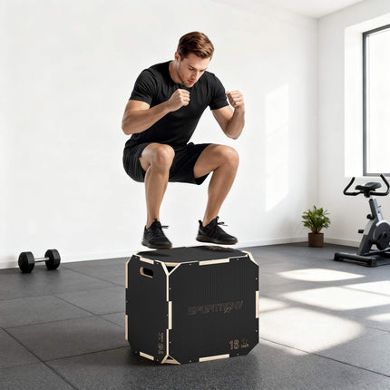 Plyo dėžė 3 viename, medinė, 61/51/41 cm, 120 kg, juoda