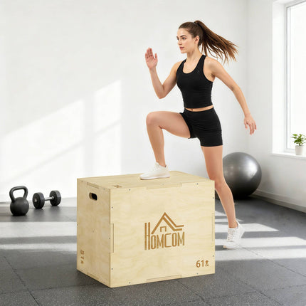 Plyo dėžė 3 viename, natūrali mediena, 51/61/76 cm, 120 kg talpa