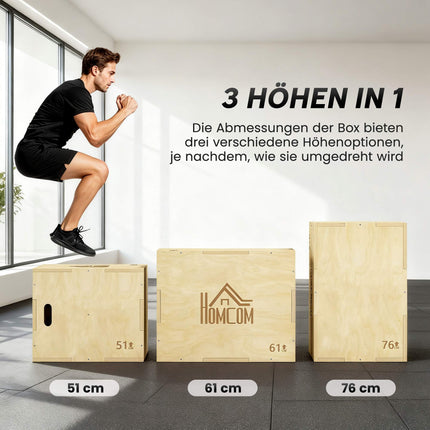 Plyo dėžė 3 viename, natūrali mediena, 51/61/76 cm, 120 kg talpa