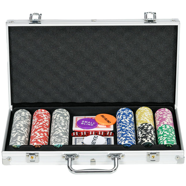 Pokerio lagaminų rinkinys, 300 žetonų, 11,5 g, pilnas pokerio rinkinys, spyna, 2 kaladės, 5 kauliukai, dalintojo mygtukai, sidabro spalvos