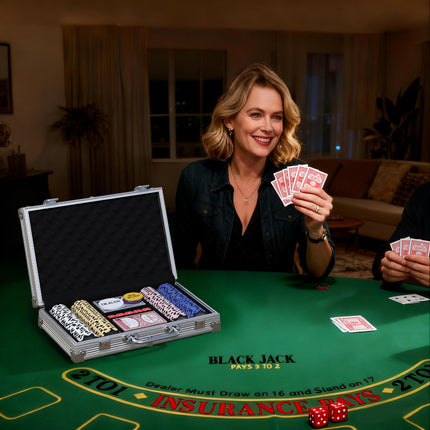 Pokerio žetonų rinkinys su dėklu, kauliukais, dalintojo ženklu, 2 kaladėmis