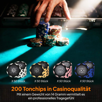 Pokerio žetonų rinkinys su dėklu, kauliukais, dalintojo ženklu, 2 kaladėmis