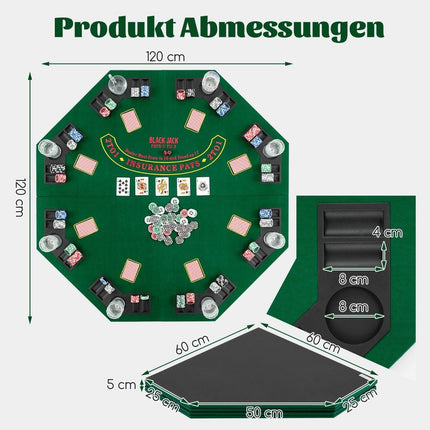 Pokerio kilimėlis 120 x 120 cm, Texas Holdem pokerio stalo uždangalas, sulankstomas, 8 žaidėjams, su gėrimų laikikliais, žalias