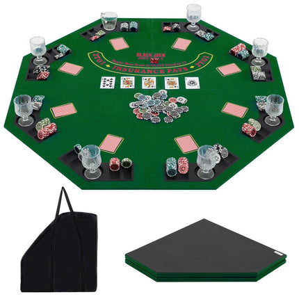 Pokerio kilimėlis 120 x 120 cm, Texas Holdem pokerio stalo uždangalas, sulankstomas, 8 žaidėjams, su gėrimų laikikliais, žalias