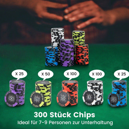 Poker set with 300 laser chips & playing cards & 5 dice & 3 dealer chips & 2 keys poker case