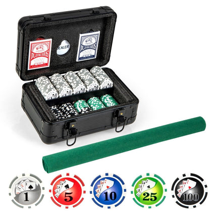 Pokerio rinkinys su 300 lazerinių žetonų, pokerio dėklu, 2 žaidimo kortomis ir 2 raktais. Pilnas pokerio rinkinys.
