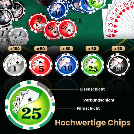 Pokerio rinkinys su 300 lazerinių žetonų, pokerio dėklu, 2 žaidimo kortomis ir 2 raktais. Pilnas pokerio rinkinys.