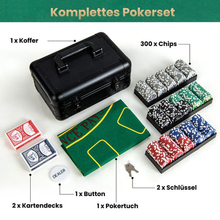 Pokerio rinkinys su 300 lazerinių žetonų, pokerio dėklu, 2 žaidimo kortomis ir 2 raktais. Pilnas pokerio rinkinys.