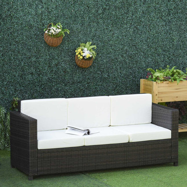 Trivietė sodo sofa iš rotango su pagalvėlėmis, metalinė, poliesteris, ruda ir balta, 185 x 70 x 80 cm
