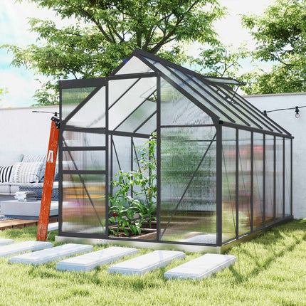 Polycarbonate Greenhouse 7.1 m² with Base and Sliding Door, 190x375x199 cm
