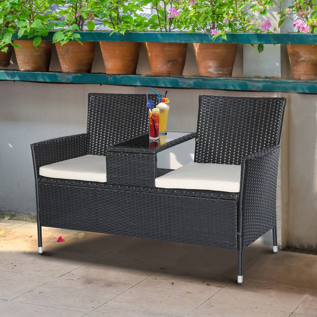 Sodo suolas, sodo sofa-suoliukas su stalu, 2 sėdimos vietos, plienas, juodas, plotis 133 x gylis 63 x aukštis 84 cm