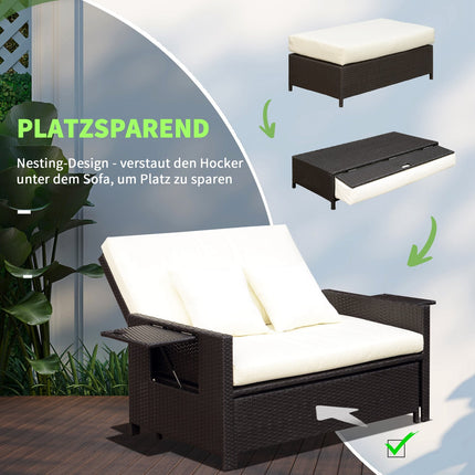 Polirataninė poilsio sofa, sodo sofa, sodo gultas, 2 vietos, su pagalvėle, ruda