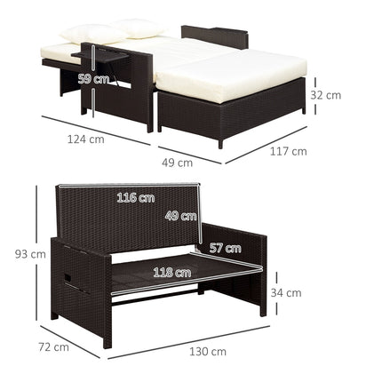 Polirataninė poilsio sofa, sodo sofa, sodo gultas, 2 vietos, su pagalvėle, ruda