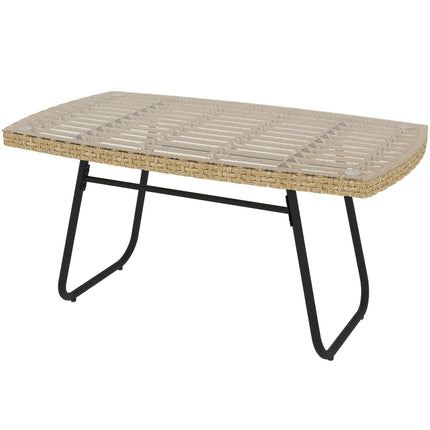 Polirataninis sodo stalas, 90 x 50 x 45 cm, UV spinduliams atsparus šoninis stalas su stikliniu stalviršiu, stačiakampis terasos stalas, balkono stalas sodui, terasai, natūralaus medžio balkonui