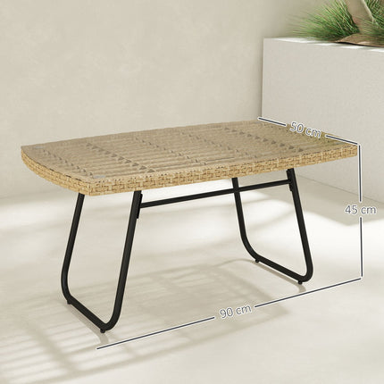 Polirataninis sodo stalas, 90 x 50 x 45 cm, UV spinduliams atsparus šoninis stalas su stikliniu stalviršiu, stačiakampis terasos stalas, balkono stalas sodui, terasai, natūralaus medžio balkonui