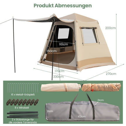 Išskleidžiama kempingo palapinė, automatiškai surenkama, 4-6 asmenims, smėlio spalvos