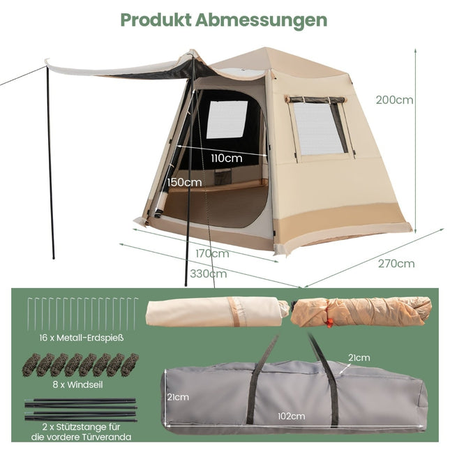 Išskleidžiama kempingo palapinė, automatiškai surenkama, 4-6 asmenims, smėlio spalvos
