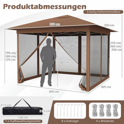 Išskleidžiamas paviljonas 3,5x3,5m su tinkleliu nuo uodų ir krepšiu