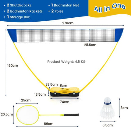 Nešiojamas badmintono tinklo rinkinys 270 cm, raketės, nešiojimo dėklas