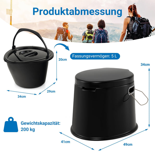 Nešiojamas kempingo tualetas su nuimamu kibiru, juodas, 200 kg talpa