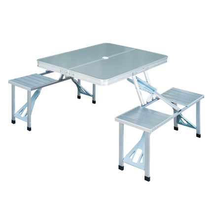 Sulankstomas stalas su sėdynėmis, aliuminio pikniko lagaminas, nešiojamas, sidabro spalvos ir MDF, 84,5 x 67,5 x 66,5 cm, stovyklavimui ir lauko naudojimui