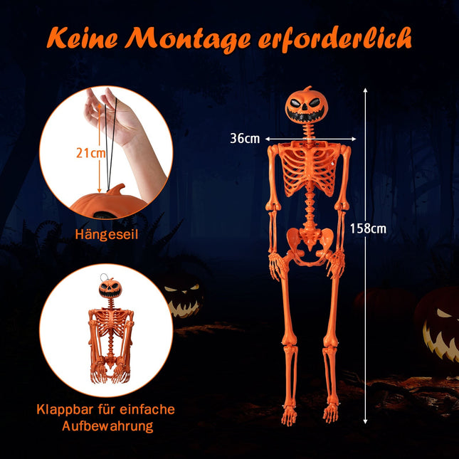 Lankstus 1,6 m Helovino skeletas su moliūgo galva