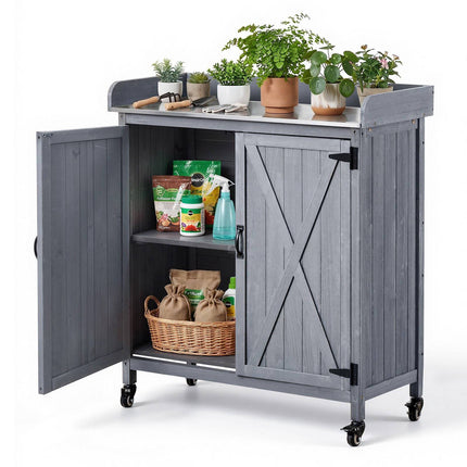 Potting Bench with Wood Cabinet, Galvanized Top, Casters