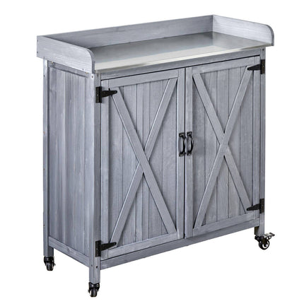 Potting Bench with Wood Cabinet, Galvanized Top, Casters