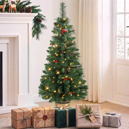 Pre-Lit Christmas Tree 120 cm with Pine Cones and Berries, 100 LEDs, Barrel Pot