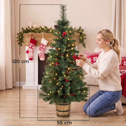 Pre-Lit Christmas Tree 120 cm with Pine Cones and Berries, 100 LEDs, Barrel Pot
