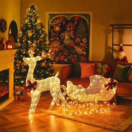 Pre-Lit Reindeer and Sleigh Christmas Decoration, 215 Warm White LEDs