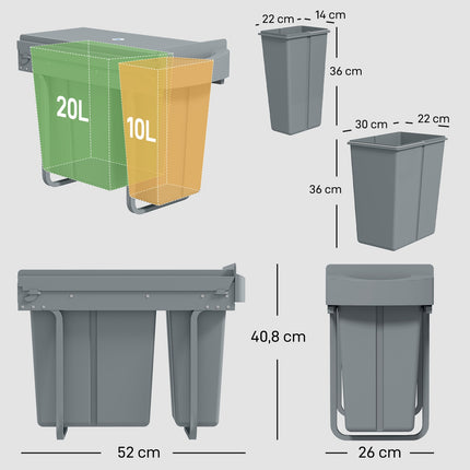 Ištraukiama virtuvės šiukšliadėžė, 2 nuimami kibirai, 30 l, metalinė