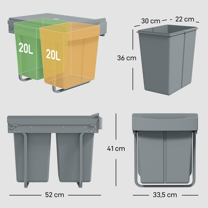 Ištraukiama šiukšliadėžė, 2 x 20 l, išimamos šiukšliadėžės, pilka