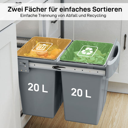 Ištraukiama šiukšliadėžė, 2 x 20 l, išimamos šiukšliadėžės, pilka