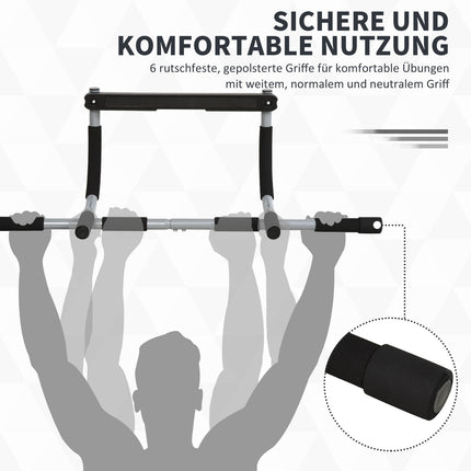 Daugiafunkcis prisitraukimų skersinio laikiklis treniruotėms, durų strypas pagamintas iš plieno ir putplasčio, juodas + pilkas, 92x40x17 cm