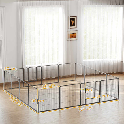 Šuniukų žaidimų aptvaras, 16 dalių, sulankstomas su durelėmis, 3,2 m x 3,2 m