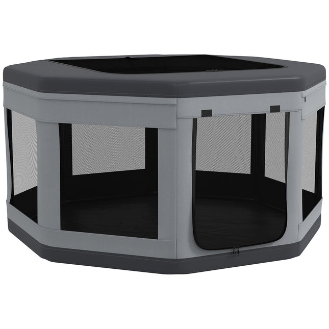 Octagonal puppy cage, portable with mesh window, gray