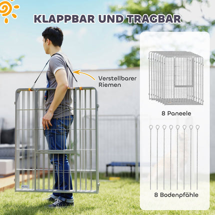 Šuniukų voljeras 100 cm aukščio, 8 dalių šunų žaidimų aptvaras, šuniukų žaidimų aptvaras su diržu ir durelėmis, lauko aptvaras mažiems ir vidutinio dydžio šunims, jūrų kiaulytėms, triušiams, plienas, sidabras