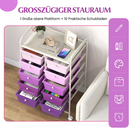 Violetinis vežimėlis su 10 sudedamų stalčių, metalinis rėmas