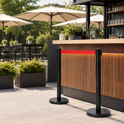 Queue Barrier Posts Set of 2 with 3 m Retractable Belt, Black, Red
