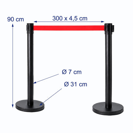 Queue Barrier Posts Set of 4 with 3 m Retractable Belt, Black, Red