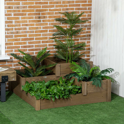 Pakeltos lysvės daržovių lysvė su 3 laipteliais, augalų dėžė žolelėms terasoje ir balkone, eglės mediena, ruda, 122 x 122 x 51 cm