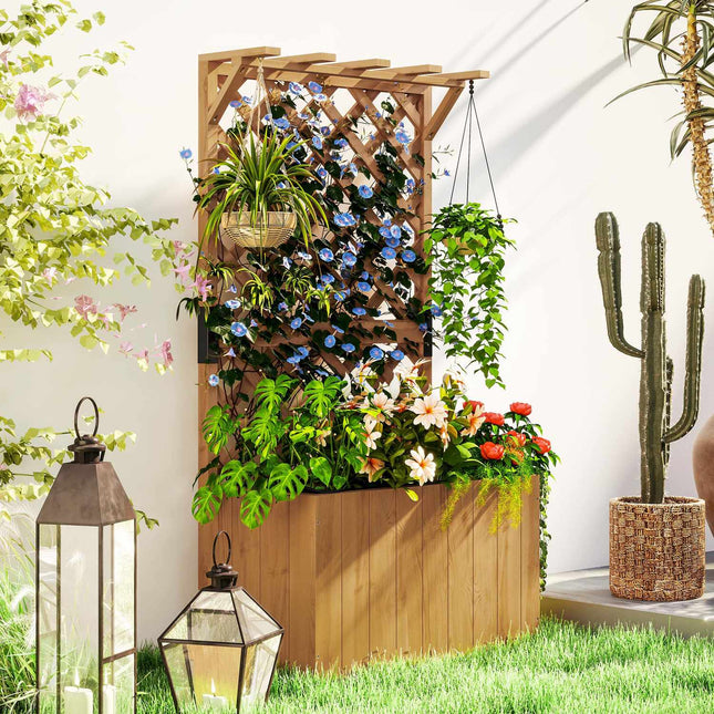Raised wooden garden bed with trellis, 64 x 33 x 122 cm