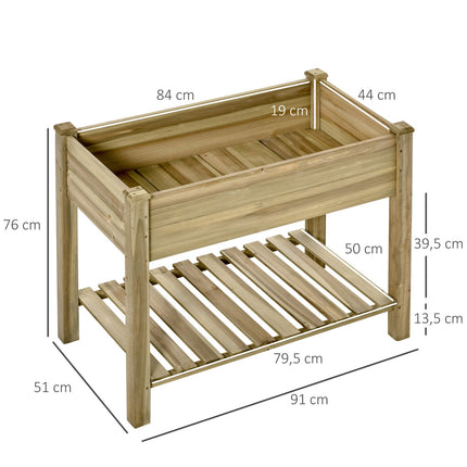 Raised wooden garden bed with shelf and drainage hole