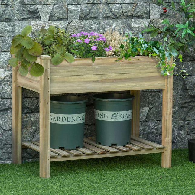 Raised wooden garden bed with shelf and drainage hole