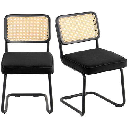 Rattan Dining Chairs Set of 2, Velvet Seat, Black