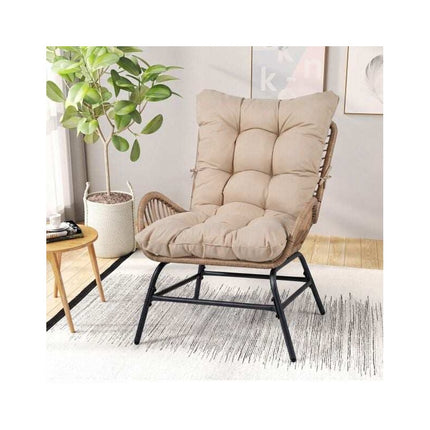 Rattan Garden Armchair with Thick Long Cushion, Khaki, Zippered Cover