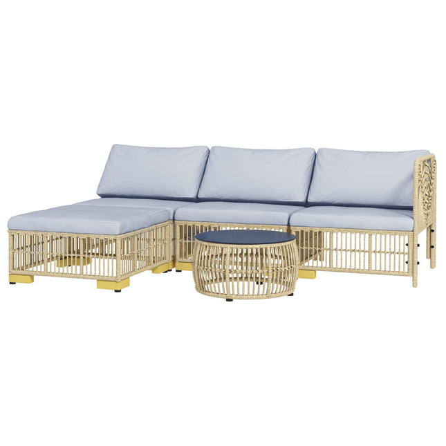 Rotango sodo baldų komplektas, 5 dalių. Balkono baldų komplektas su pagalvėlėmis, kampinė sofa, taburetė, terasos baldų komplektas, plienas, šviesiai pilka