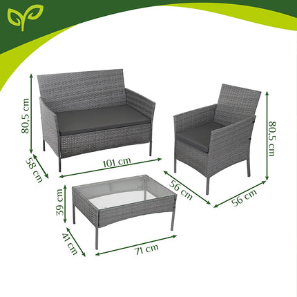 Rotango sodo baldų komplektas, tamsiai pilkas, sofa, 2 kėdės, stalas