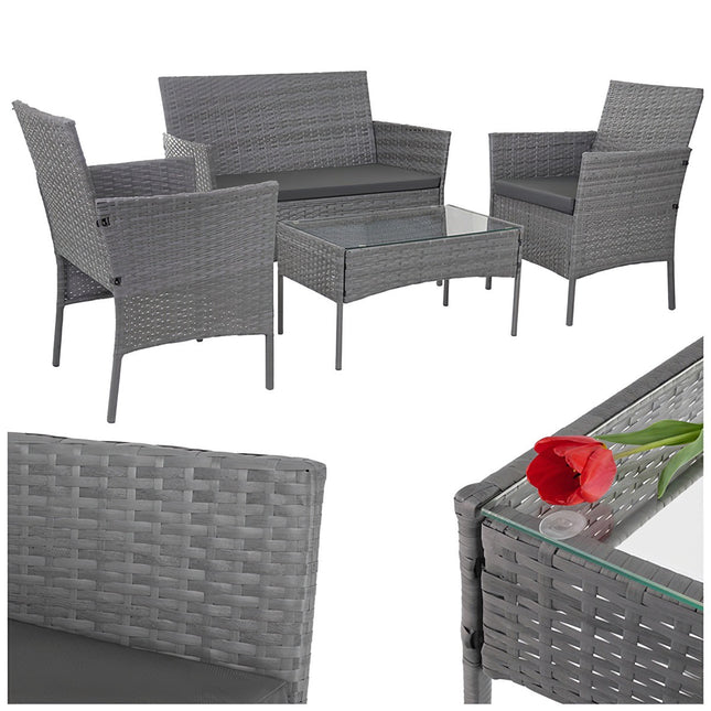 Rotango sodo baldų komplektas, tamsiai pilkas, sofa, 2 kėdės, stalas